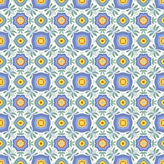 Colorful seamless tile pattern with starbursts, floral elements, and leaf motifs in blue, orange, green, and violet. A playful and elegant design inspired by Mediterranean and folk art styles.