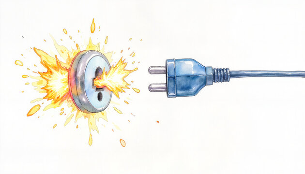 Watercolor rendering shows an unplugged blue charging cable accompanied by a socket emitting bright yellow sparks, visually symbolizing the energy crisis and lack of electricity.