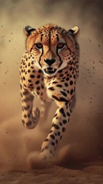 Un gu&eacute;pard courant dans le d&eacute;sert, entour&eacute; de nuages ​​de poussi&egrave;re et d'&eacute;claboussures de terre, avec un flou de mouvement et une vitesse d'obturation rapide, vue de face.