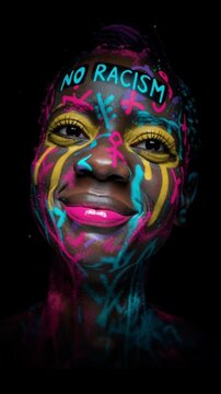 Une jeune femme afro-am&eacute;ricaine avec le visage peint avec des couleurs vives et l'inscription en anglais NO RACISM sur le front, concept de lutte contre le racisme et les discriminations sur fond noir