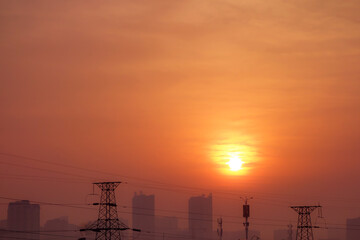 Cities and urban parks, rivers, early morning sunrise, skyline