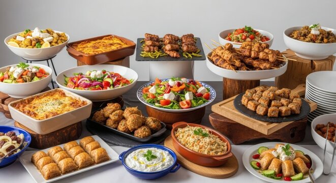 A lavish and diverse gourmet buffet spread, showcasing a bountiful array of delicious dishes and culinary delights, ideal for special events, celebrations, and professional catering.