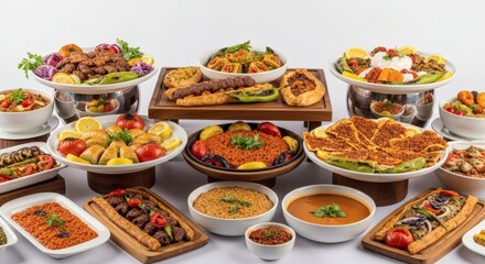Extensive Culinary Spread Featuring a Diverse Assortment of Gourmet Dishes and Delicious Meals Artfully Arranged for a Grand Feast on a White Tabletop