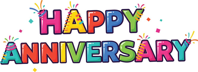 A colorful happy anniversary graphic with confetti on a white background