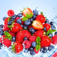 Obraz premium Fresh Berries Splashing with Water, Showcasing Refreshing Summer Fruits.