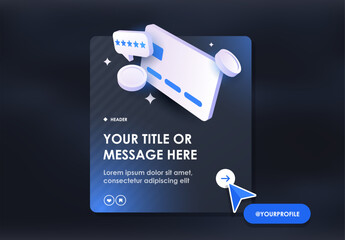Dark UI Banner with Floating Card, Rating Stars, Coins, and Call-to-Action Button for Social Media Marketing