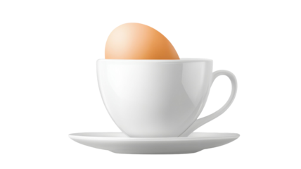 Boiled egg served in a simple white cup for breakfast isolated on white background