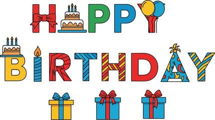 Colorful happy birthday lettering with cake balloons and gift boxes art