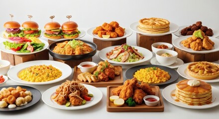 Extensive buffet of gourmet burgers, fried chicken, rice, pancakes, and other prepared meals. Ideal for catering, restaurants, and grand feasts.