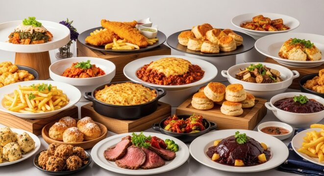 Lavish gourmet buffet featuring a diverse selection of deliciously prepared dishes including roasted meats, pasta, fried entrees, and baked goods, ideal for large gatherings.