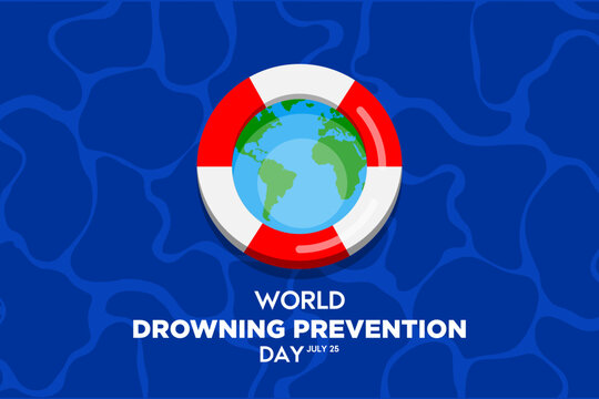 Flat vector illustration for World Drowning Prevention Day with a lifebuoy surrounding the Earth on a water background, symbolizing global awareness and water safety.

