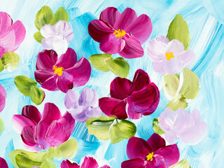 Pink abstract flowers on blue, original hand drawn, impressionism style, color texture, brush strokes of paint, art background.