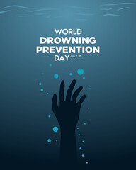 Dark underwater scene with a drowning hand reaching up, symbolizing World Drowning Prevention Day and the urgency of water safety awareness.