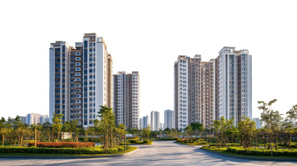Scenic view of downtown Chicago city skyline with modern architecture isolated on white background