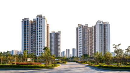 Scenic view of downtown Chicago city skyline with modern architecture isolated on white background