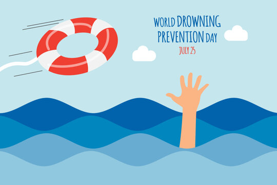 Flat illustration for World Drowning Prevention Day showing a hand reaching out from waves and a lifebuoy being thrown, symbolizing rescue and awareness. - Powered by Adobe