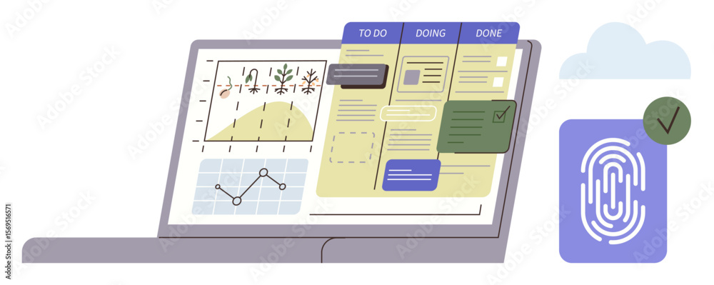 Poster laptop screen displaying task board, progress charts, and analytics. fingerprint scan for secure acc