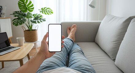 Photo of a man is relaxing on the couch at home while holding a smartphone with a blank screen
