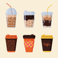Set of disposable cups with coffee beverages. Ideal for menus, stickers, pins, icons, and other web and printed designs. Hand-drawn vector illustrations are isolated on a beige background