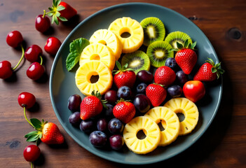 Top-down view of a ceramic plate with colorful summer fruits—pineapple rings, kiwi slices, strawberries, grapes, cherries—on the left of a dark walnut wood table. Summer vibes.