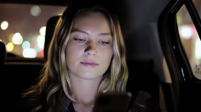 A woman in a car at night gazes at her phone screen, illuminated by city lights outside.