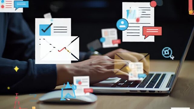 Business Professional Using Laptop on Desk with Email Icon Overlay and Dark Background in Modern Office Environment - Powered by Adobe
