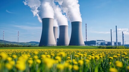 Cooling Towers of a Nuclear Power Plant Against a Blue Sky and Meadow