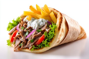 A delicious Greek gyros on a white background