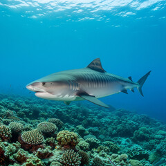Tiger Shark Swimming in Vibrant Coral Reef Ecosystem
