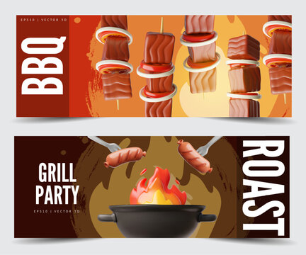 Grill and BBQ party invitation 3D cartoon vector flyers design set, realistic barbecue cooking pan with fire, roast meat - Powered by Adobe