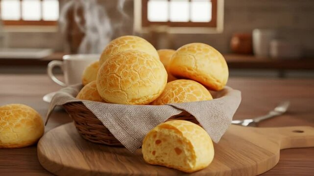 Baked cheese bread with coffee or tea, a tasty and perfect snack for breakfast