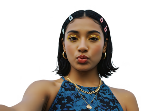 A young woman with gold makeup and jewelry takes a selfie, isolated on transparent background - Powered by Adobe