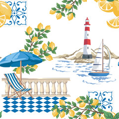 Sailboat, lighthouse, lemon branch, sea wave, chaise lounge, sun umbrella, tile seamless pattern. Summer Italian print.	