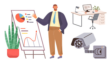 Confident man discussing growth chart on board, modern office desk with plant decor, security camera. Ideal for business, analytics, workplace, security, technology strategy productivity. Simple