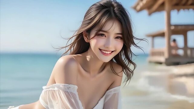 Video of a cute woman in a bikini laughing in a beautiful sea, vacation, summer, having fun, 綺麗な海でビキニを着たかわいい女性が笑う動画、休暇、夏、楽しむ、