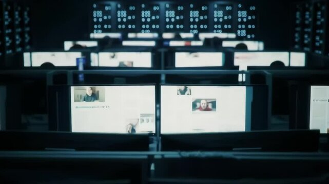 Rows of computer monitors display "Fake News" in a dark control room, suggesting digital misinformation warfare or media manipulation.