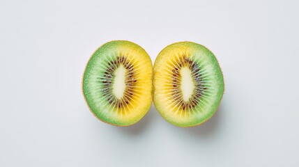 Fresh kiwi fruit sliced open, revealing vibrant green and yellow flesh, isolated on white. Minimalist composition showcasing natural beauty and fre