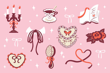 Girly cute things in coquette vintage style. Tea, cake and candles. Girlish accesories. Vector illustration set.