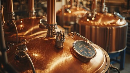 A high-tech brewery with shiny copper tanks and intricate machinery, showcasing the brewing process and technology used in modern beer production.