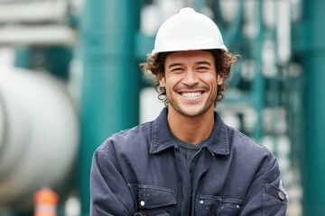 Made In The USA Day Summer Celebration with Hispanic Engineer Wearing Hard Hat in Manufacturing Plant for Modern Corporate Marketing Campaigns and Confident Workforce