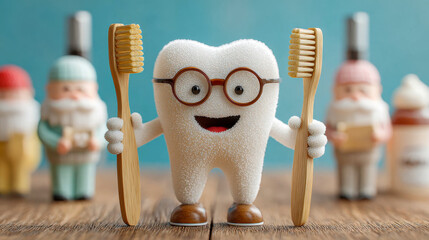 A cute cartoon tooth character holds paintbrushes, creating a playful concept of dental care and creativity