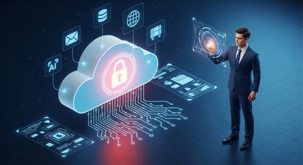 Futuristic Cloud Security Interface Operated by Businessman