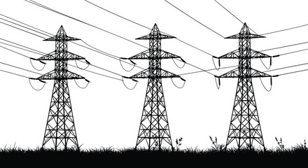 High voltage power transmission towers in field, electrical energy grid infrastructure silhouette, industrial utility poles with wires, vector illustration