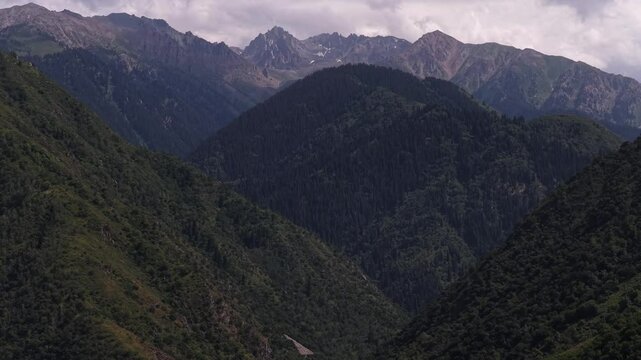 Talgar gorge, Tian Shan Mountains. Different vegetation and a mountain river. The view from the drone.