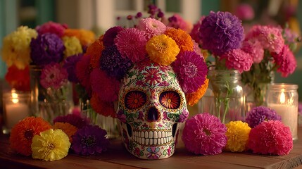 Decorated sugar skulls and vibrant flowers create a festive altar for Dia de los Muertos, celebrating life and remembrance. This embodies rich cultural heritage and traditional artistry