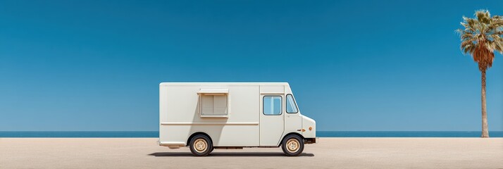 National Fried Clam Day Retro Ice Cream Truck at Beach Palm Tree Summer Seafood Festival Premium Authentic Lifestyle Marketing Social Media Content