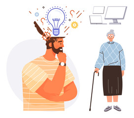 Man pondering with gears and light bulb above, conveying ideas. Elderly woman holding cane nearby. Ideal for creativity, problem-solving, connection, support, innovation, intergenerational themes