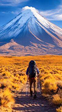 Hiking Outdoors Mountains At Sunset Man With Backpack