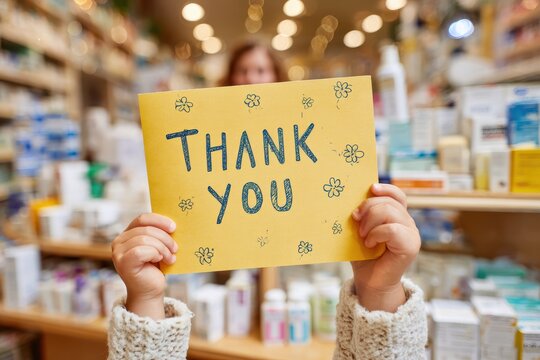 A cheerful customer expresses gratitude by holding a handmade thank you card at a pharmacy, showcasing kindness and appreciation in a warm, inviting environment filled with various products.