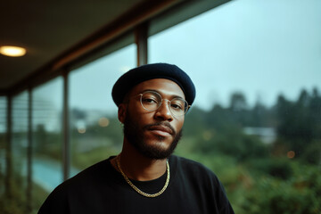 Smiling stylish man wearing glasses and beret looking outside in warm ambient light, candid urban portrait
